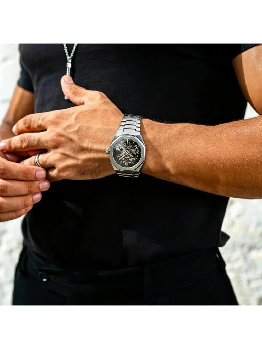 Men's Silver Black Automatic Mechanical Limited Luxury Carved Dial Wrist Watch
